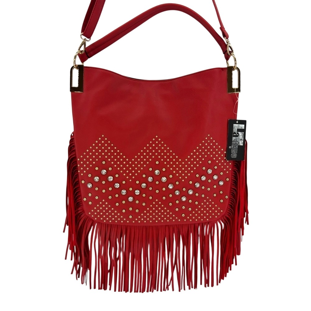 LaTique Red Studded Fringe Hobo Bag Vegan Leather Boho Western Festival Cowgirl - Picture 1 of 13